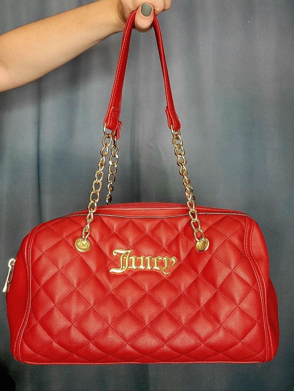 EUC Juicy Couture Cherry Red Quilted Shoulder Tote with Gold Chain Straps